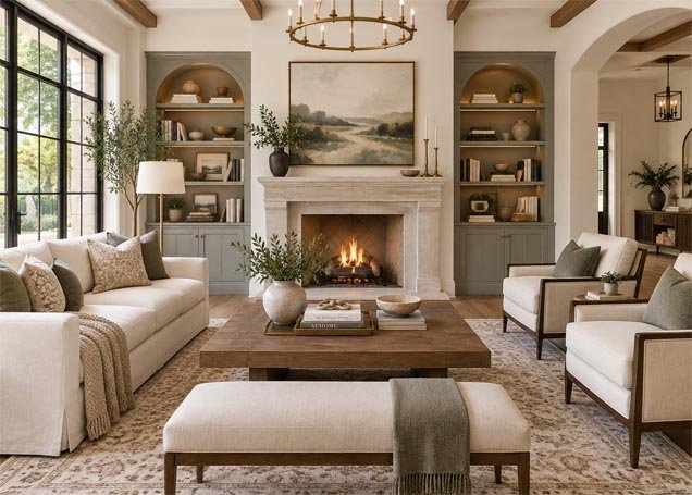 Transitional interior design style living room