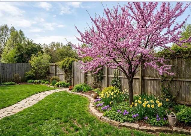 Small backyard with a flowering ornamental tree and landscaped garden beds



Title: Small Ornamental Tree Landscaping