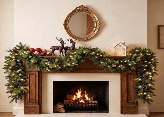 Christmas Mantel Garland With Warm White Lights
