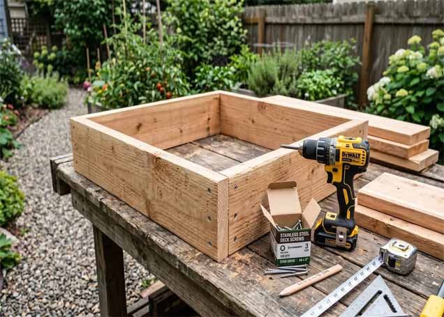 Cedar boards and materials for building a raised garden bed
