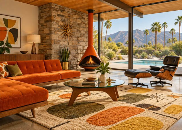 Mid-century modern interior design style living room