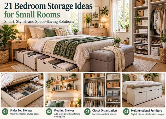 Bedroom storage ideas featuring under-bed drawers, floating shelves, organized closets, and multifunctional furniture