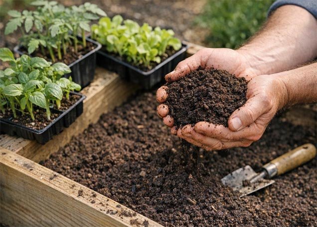 Dark mature compost for improving raised garden soil