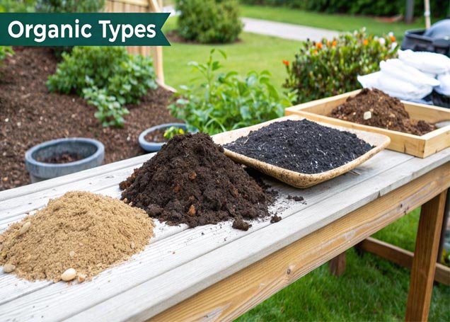 Different types of finished compost for raised beds