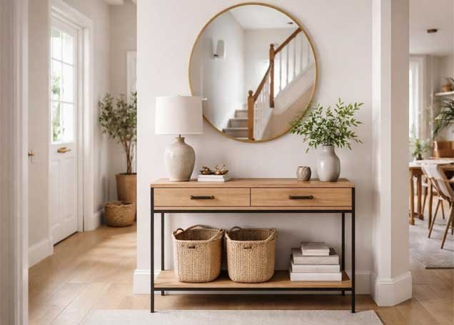 Entryway decor ideas featuring a wooden console table, round mirror, ceramic vase, and woven storage baskets.