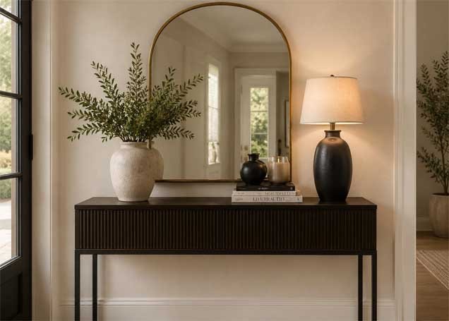 Entryway table decor ideas with a decorative lamp, ceramic vase, stacked books, and elegant mirror.