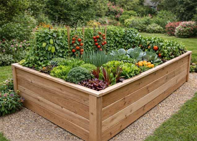 How to build a raised garden with a wooden bed filled with vegetables