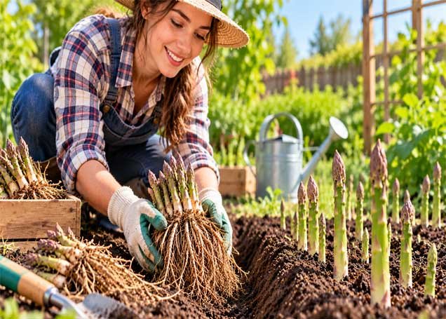 Gardener holding asparagus crowns with roots beside young asparagus spears growing in garden soil