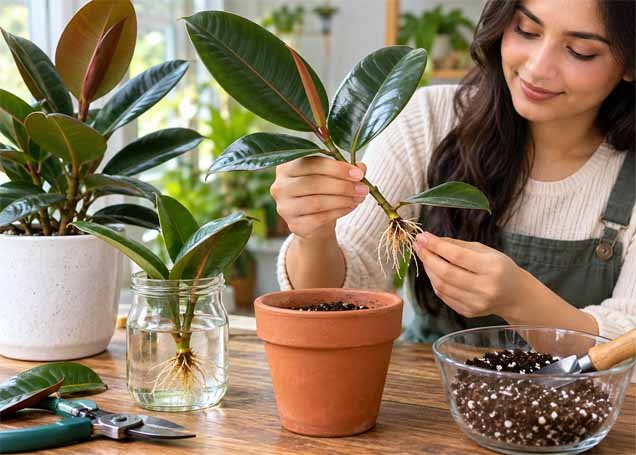 How to propagate rubber plant using rooted stem cuttings