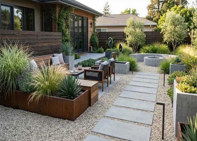 Low-maintenance small backyard landscaping with ornamental grasses, shrubs, and mulch