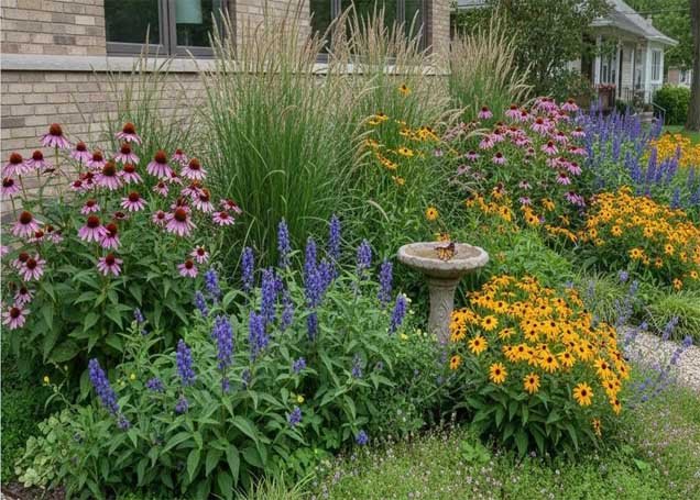 Small backyard garden with coneflowers and ornamental grasses