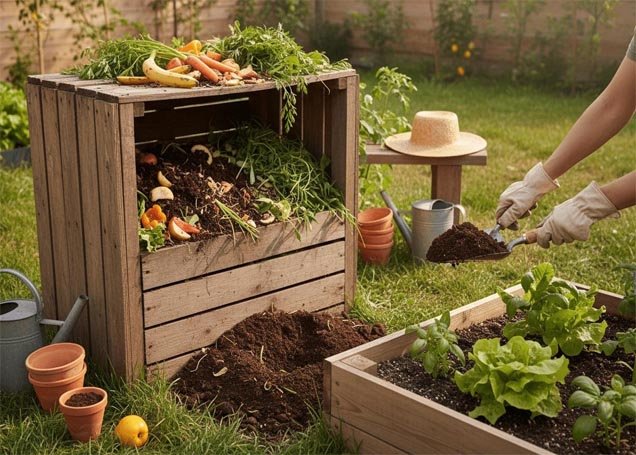 Mixing compost with mineral soil in a raised garden bed