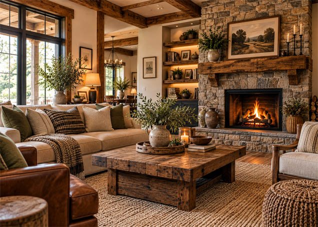 Rustic interior design style living room with stone fireplace