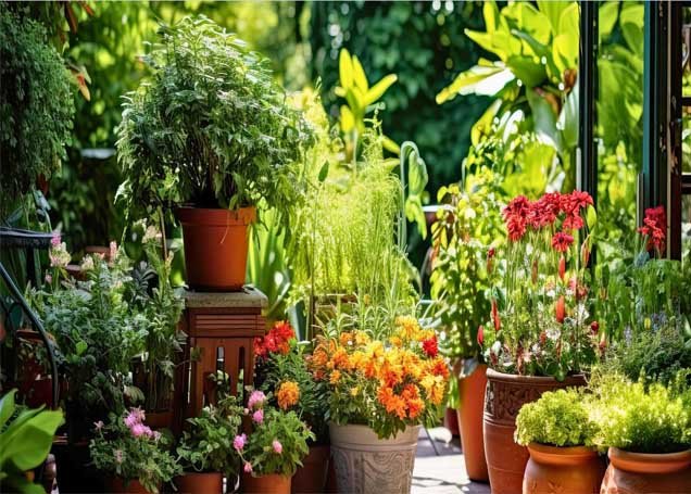 Small backyard patio with colorful flowers and herbs growing in containers