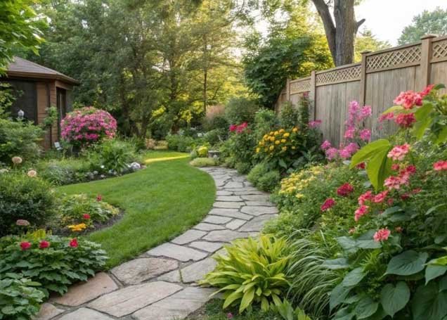 Curved stepping stone pathway surrounded by flowers and greenery in a small backyard