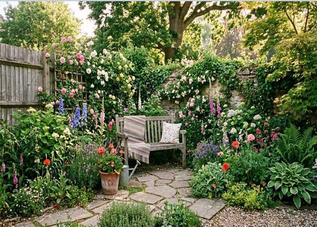 Wooden garden bench surrounded by flowering plants in a small backyard