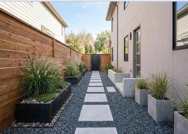 Small backyard with gravel landscaping and stepping stone garden pathway