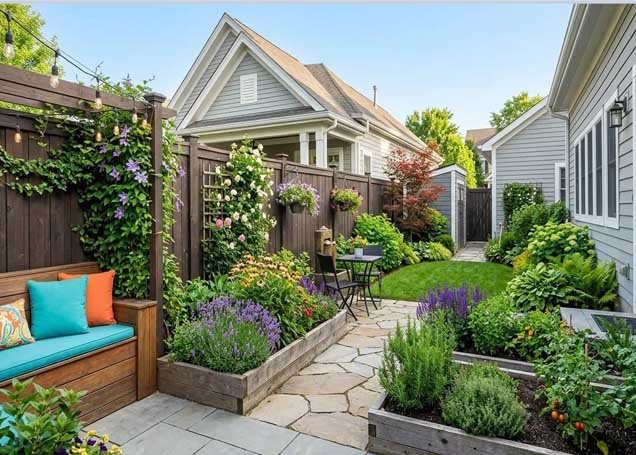 Small backyard divided into patio seating, lawn, and garden planting zones