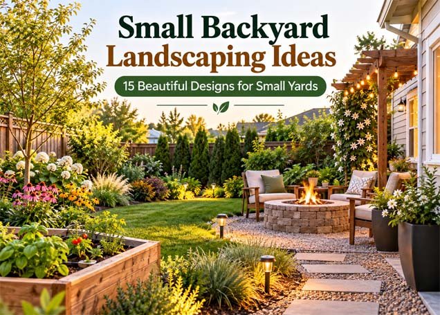 Small backyard landscaping ideas featuring a cozy patio, flower beds, pergola, and garden pathway