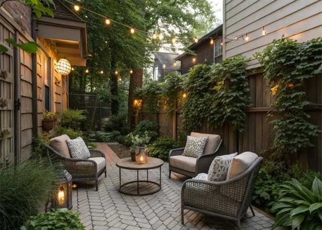Small backyard patio illuminated with warm string lights and garden pathway lighting