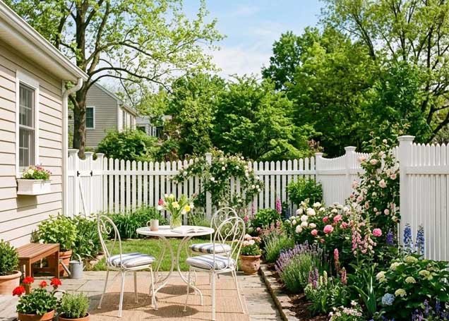 Cozy small backyard patio with outdoor seating and surrounding garden plants