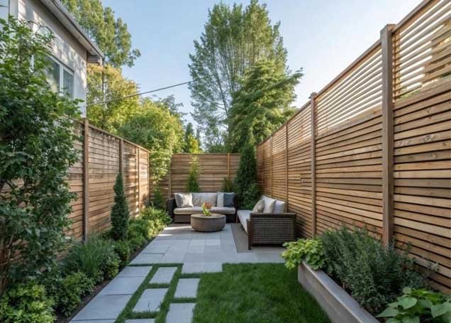 Small backyard patio with privacy screening and tall evergreen shrubs