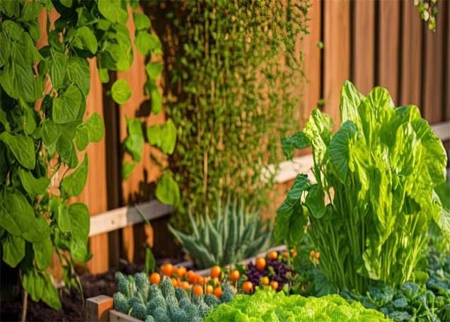Wooden raised vegetable garden beds with herbs and leafy vegetables in a small backyard