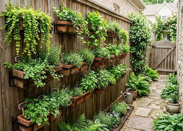 Small backyard vertical garden with climbing plants and wall-mounted planters
