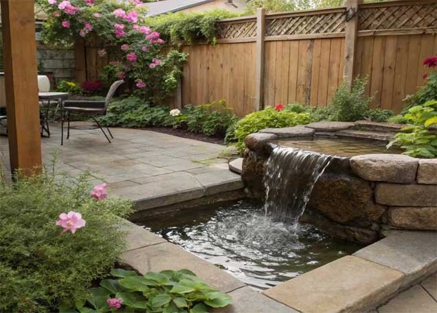 Small backyard landscaping with a compact stone water fountain surrounded by green plants