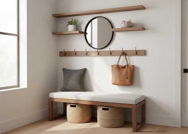 Small entryway decor ideas featuring a compact bench, floating shelf, wall hooks, and woven baskets.
