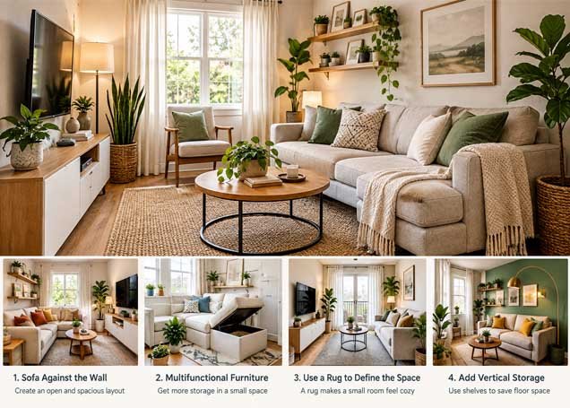 Small living room layout ideas featuring a compact sofa, round coffee table, indoor plants, and space-saving furniture
